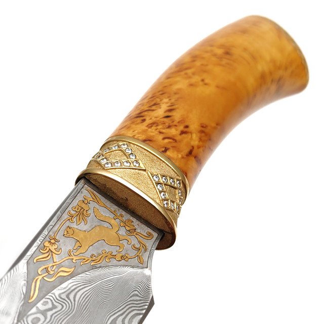 Северная Корона нож Куница-2 сталь Дамаск, рукоять Стаб. карельская берёза, бронза, золочение