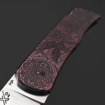 X Тату нож складной Модель X2 Викинг и Валькирия, сталь PGK, рукоять Титан с гравировкой и анодированием